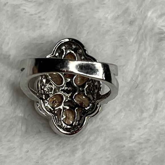 Floral Cluster Ring With Orange & Clear Gemstones In Silver Setting size 6 - Picture 7 of 8